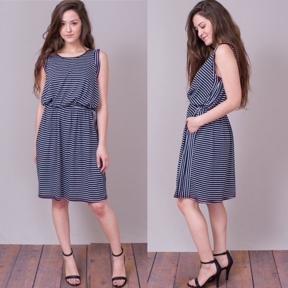 Mystree Navy Nautical Stripe Cinched Waist Dress L - Picture 2 of 10